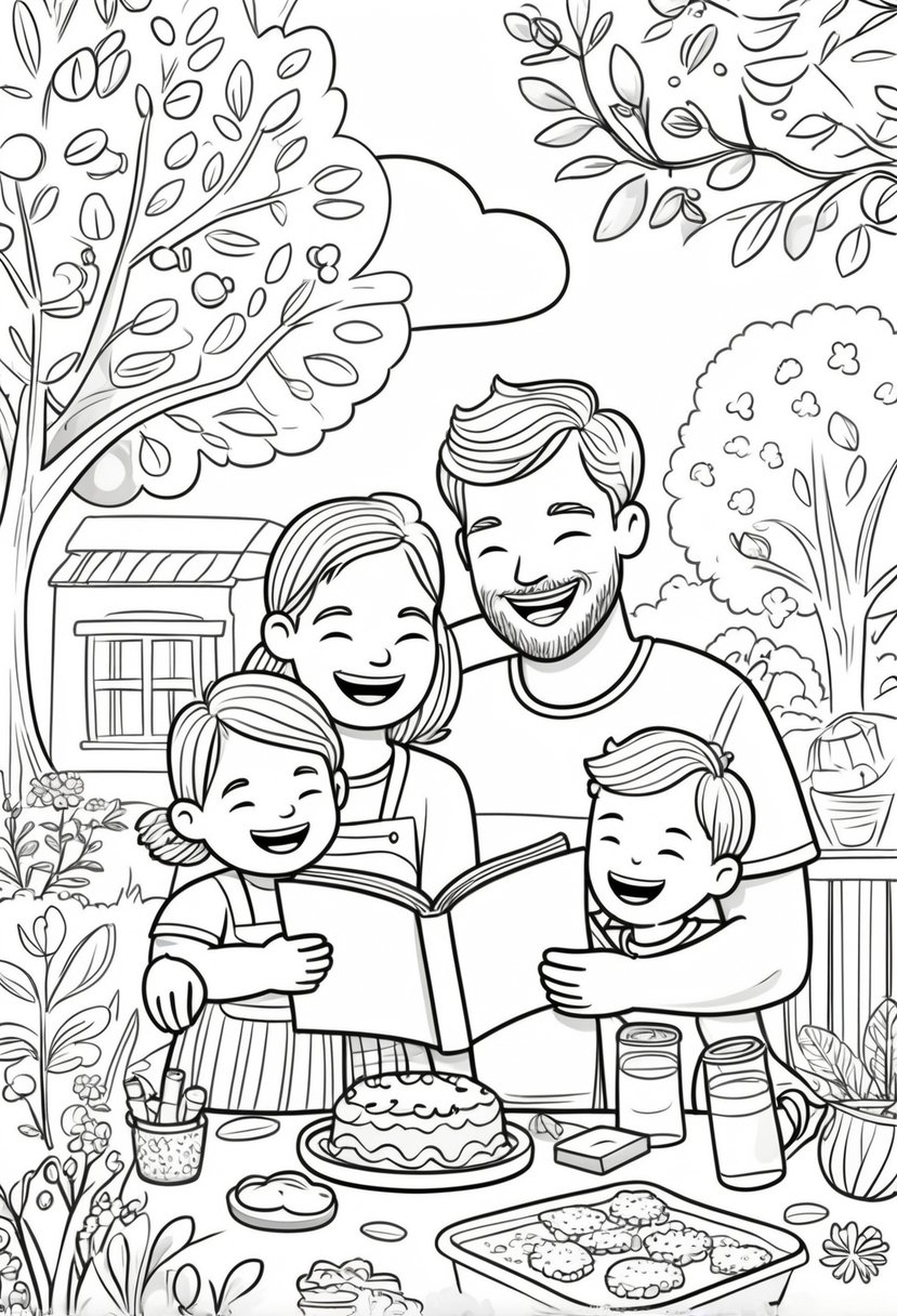 Family Coloring Pages 16 Fun and Creative Designs for All Ages 18 A single parent spending time with one or two children, playing or reading together in a home or park setting with trees, flowers, and toys around.